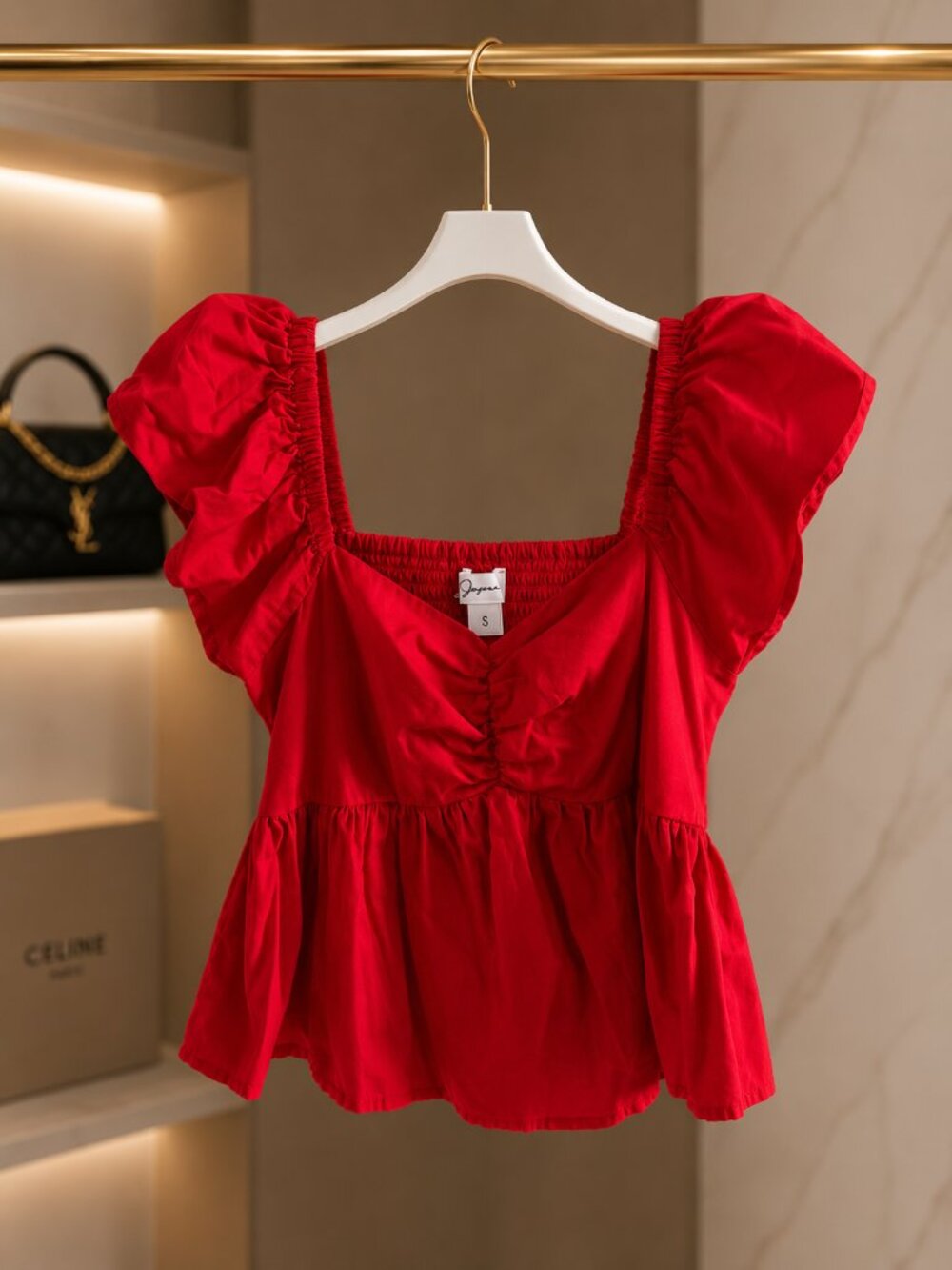 Japna Red Puff Sleeve Babydoll Top Size S